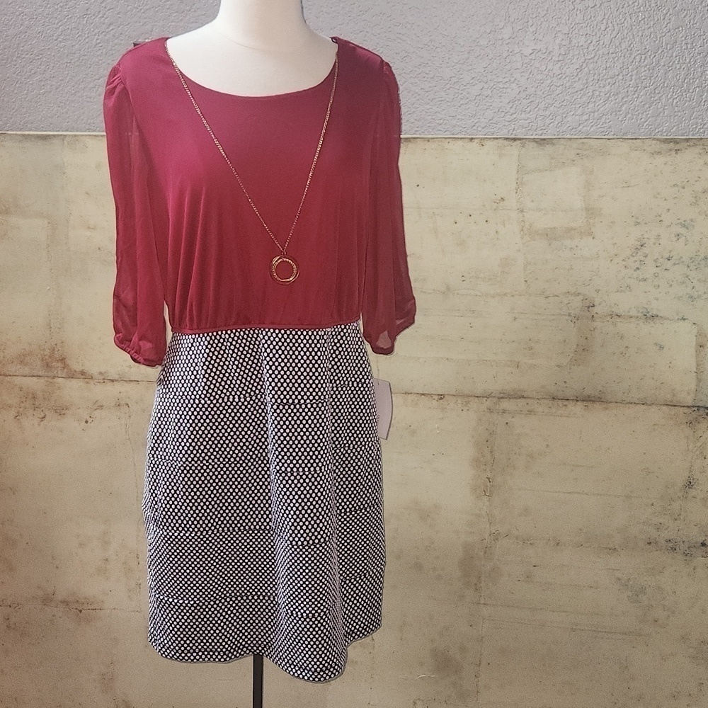 Enfocus Studio  Red,  Black and White Polka Dot Scoop Neck Dress Size 14 NWT